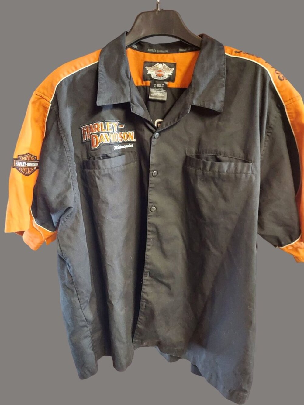 Harley-Davidson Mens Button-Up Shirt Black Orange Embroidered Logos XXXL